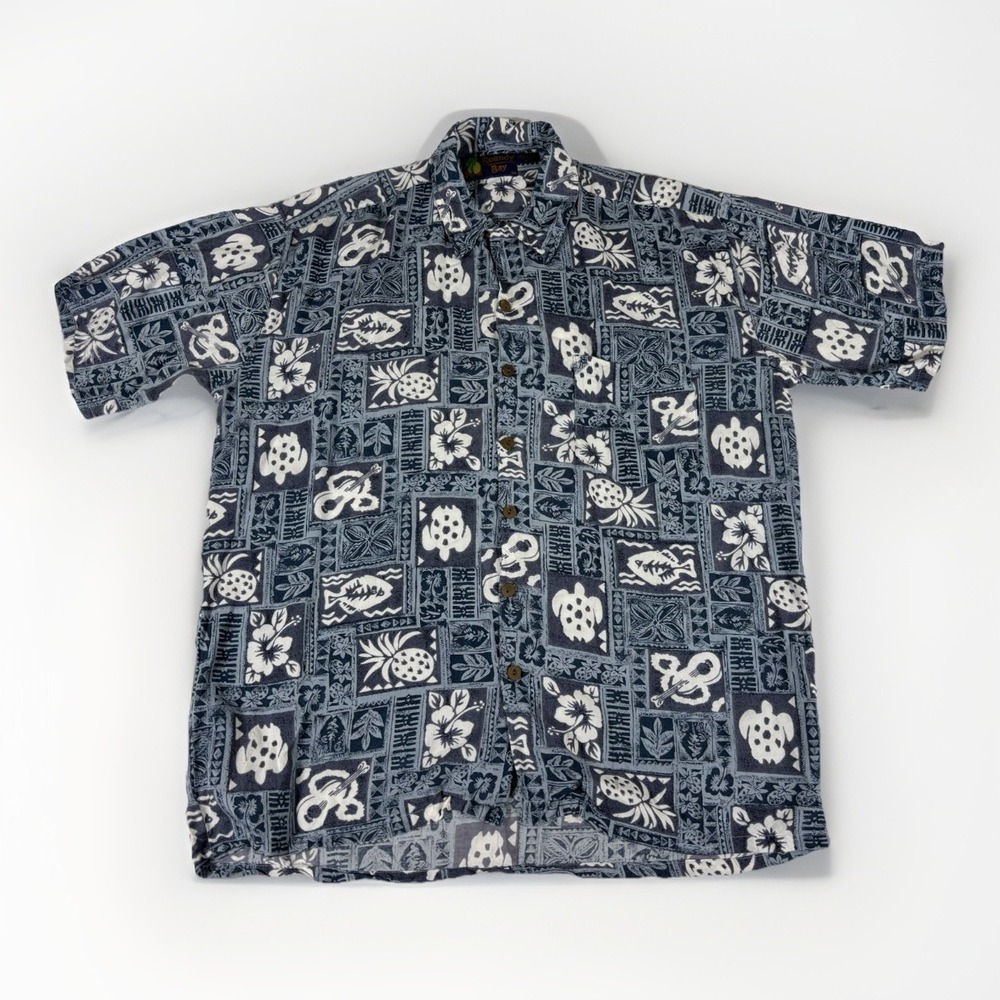 Roundy Bay Hawaiian Shirt Mens Large Navy Blue Tropical Pineapple Rayon Aloha